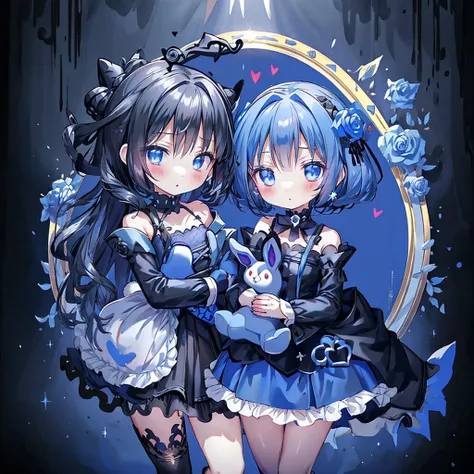 attractive face、chibi、royal blue background、black clothes、long sleeves with flared cuffs、shoulders are exposed、one piece flare s...