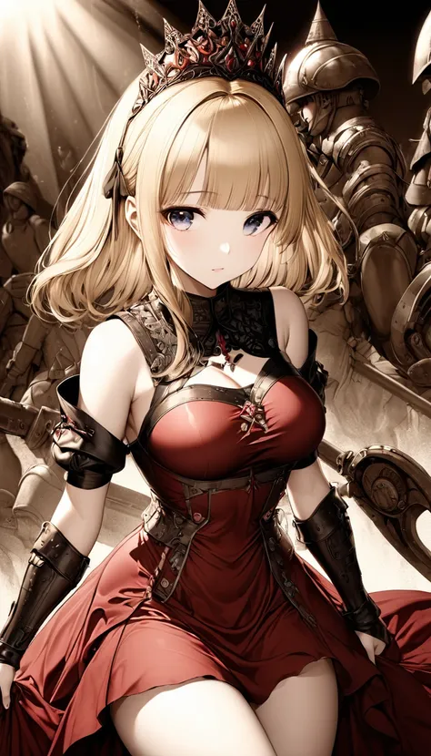 cool beauty, glossy silky blonde hair, blunt bangs, cortesy, elegance, dignity, seductive and attractive expression, captivating eyes, curvaceous, wearing crimson medieval princess dress, iron-blooded, hot-blooded, cold-blooded, monochrome and sepia parts ...