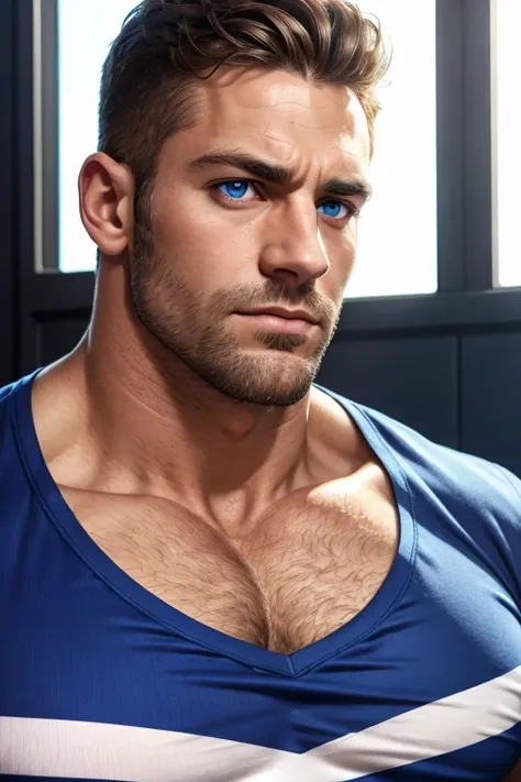 a very handsome man, perfect eyes, muscular, wearing a striped t-shirt, portrait close up, seen up close, big biceps, big pecs, ...