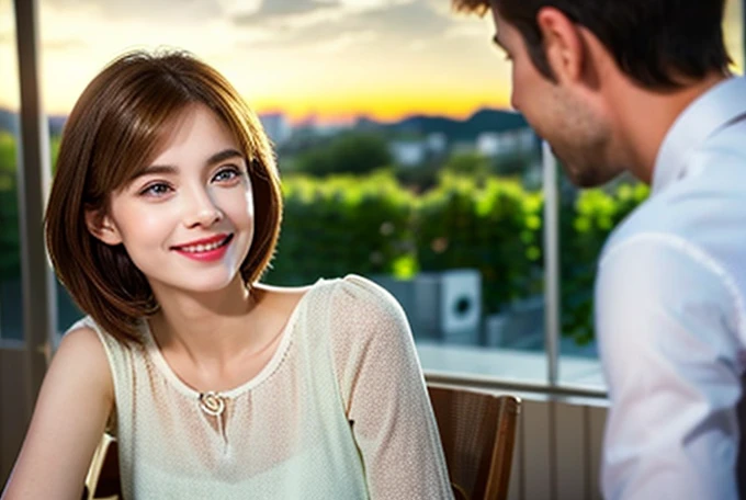 ((White Wine)),((Wine Glasses)),(Realistic, 超Realistic:1.4), 16K HDR, High resolution,((White Wine)),((Wine Glasses)),Happy smile、short hair,The best smile、Japanese actress,so beautiful(It looks like the real thing),dress、Slim couple、Model Couple、(Realisti...