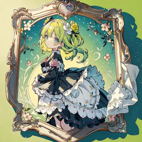 Attractive face、Chibi、（Beautiful Eyes、Detailed eyes）、Lime Yellow Background、Black clothes、Long sleeves with flared cuffs、Shoulders are exposed、One piece flare skirt、Rabbit with stuffed toy、Black and lime yellow palette、Gothic Shoes、Positive、Black Rose、🌙、Pe...