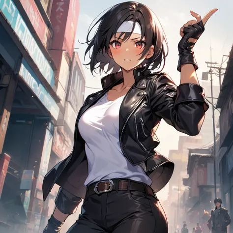 1girl, breasts, looking at viewer, blush, short hair, bangs, shirt, black hair, red eyes, gloves, 1boy, collarbone, jacket, white shirt, parted lips, open clothes, black gloves, belt, pants, dark skin, fingerless gloves, open jacket, black jacket, headband...