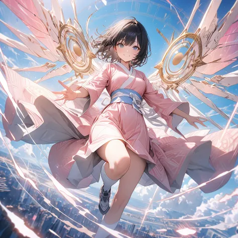 (Best Quality),(masterpiece),(Super detailed),(8k),(32K),(Perfect Anatomy),(Perfect hands),One Girl、Short black hair、smile、Small breasts、(White and light pink kimono:1.1)、、White ribbon in hair、(Large white mechanical wings:1.1)、(White knee socks:1.1)、Flyin...