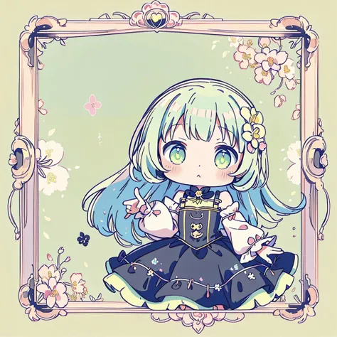 Attractive face、Chibi、（Beautiful Eyes、Detailed eyes）、Lime Yellow Background、Black clothes、Long sleeves with flared cuffs、Shoulders are exposed、One piece flare skirt、Rabbit with stuffed toy、Black and lime yellow palette、Gothic Shoes、Positive、Black Rose、🌙、Pe...