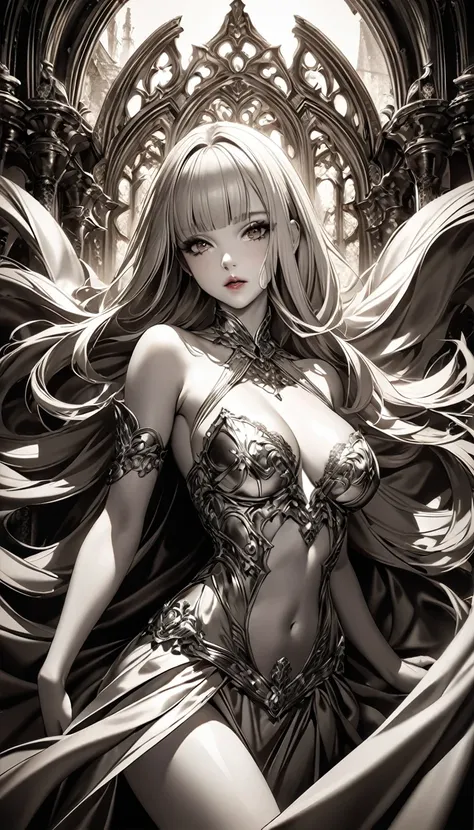 cool beauty, glossy silky blonde hair, blunt bangs, cortesy, elegance, dignity, seductive and attractive expression, captivating eyes, curvaceous, wearing crimson medieval princess dress, iron-blooded, hot-blooded, cold-blooded, monochrome and sepia parts ...