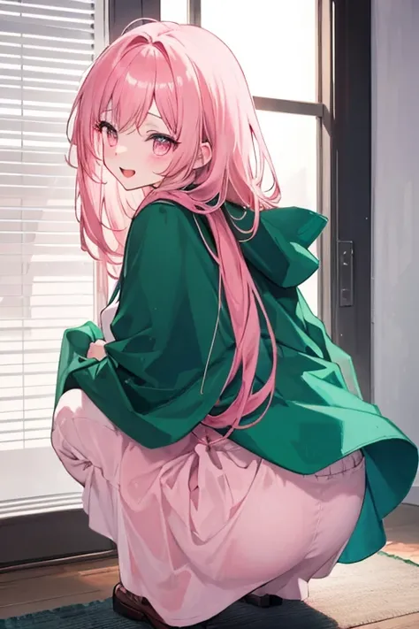 masterpiece, Best Quality, One Girl,elementary school student, , baby pink eyes, baby pink hair, long hair, parted bangs, messy hair, skinny body, laugh, big green cloak in put on sundress. squatting looking back