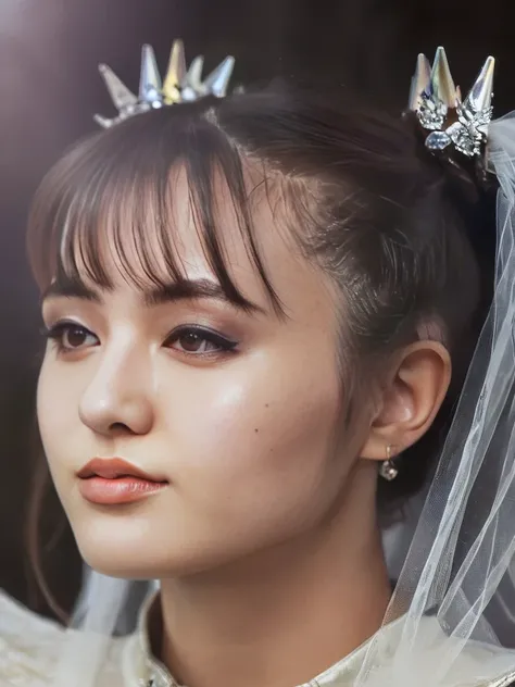 a beautiful picture of moakXL, detailed skin texture,masterpiece, photorealistic, woman, 4k, backlighting, light, RAW color photo,(fully in frame:1.1), (blush:0.5), (goosebumps:0.5),pigtails, wearing a( wedding_dress:1.2), veil, tiara