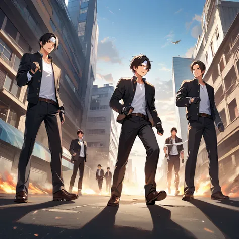 short hair, open mouth, shirt, black hair, gloves, brown eyes, school uniform, jacket, white shirt, male focus, outdoors, multiple boys, sky, day, black gloves, belt, pants, fingerless gloves, black jacket, headband, black pants, 3boys, building, clenched ...