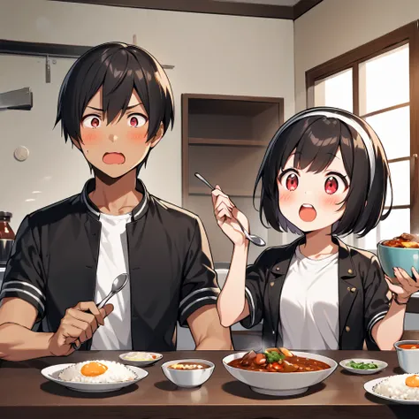 1girl, blush, short hair, open mouth, bangs, shirt, black hair, red eyes, 1boy, holding, sitting, jacket, white shirt, short sleeves, hairband, food, open clothes, teeth, indoors, dark skin, open jacket, cup, black jacket, siblings, eating, table, plate, b...