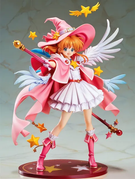 cardcaptor sakura,pink cape,witch clothes,a staff decorated with a star on the top and feathers,white folded short boots,ruffled...