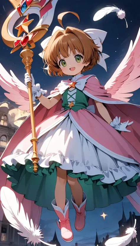 Cardcaptor Sakura,Pink Cape,Witch clothes,A staff decorated with a star on the top and feathers,White folded short boots,Ruffled gloves