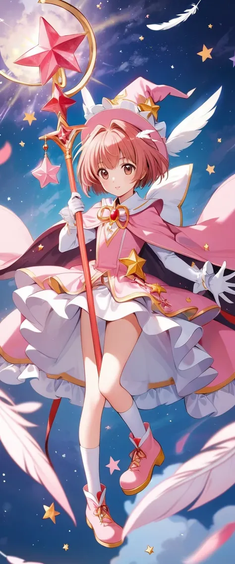 Cardcaptor Sakura,Pink Cape,Witch clothes,A staff decorated with a star on the top and feathers,White folded short boots,Ruffled gloves