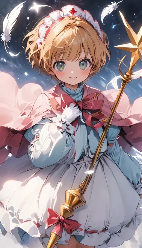 Cardcaptor Sakura,Pink Cape,Witch clothes,A staff decorated with a star on the top and feathers,White folded short boots,Ruffled gloves