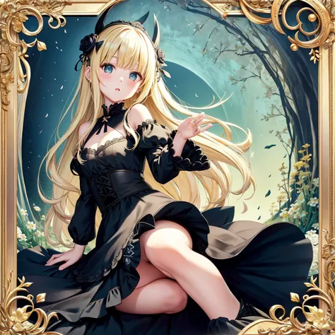 attractive face、chibi、（beautiful eyes、detailed eyes）、lime yellow background、black clothes、long sleeves with flared cuffs、shoulde...