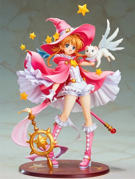 cardcaptor sakura,pink cape,witch clothes,a staff decorated with a star on the top and feathers,white folded short boots,ruffled...