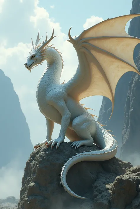 A magnificent white dragon with large wings, On the rock , The dragon is calm、Powerful, Give a sharp impression, 