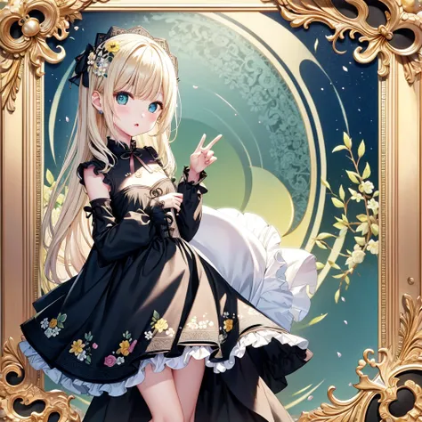 Attractive face、Chibi、（Beautiful Eyes、Detailed eyes）、Lime Yellow Background、Black clothes、Long sleeves with flared cuffs、Shoulders are exposed、One piece flare skirt、Rabbit with stuffed toy、Black and lime yellow palette、Gothic Shoes、Positive、Black Rose、🌙、Pe...