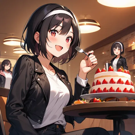 long hair, breasts, looking at viewer, blush, smile, short hair, open mouth, bangs, multiple girls, shirt, black hair, red eyes, long sleeves, holding, 2girls, sitting, collarbone, jacket, white shirt, hairband, food, open clothes, solo focus, pants, indoo...