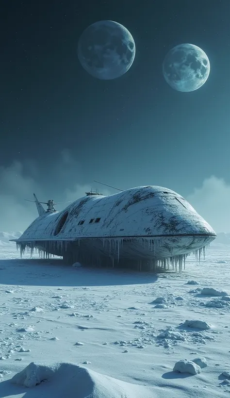 An icy planet with two moons. In the background, a large, dilapidated spaceship sits on the ice, with icicles scattered here and there. Its easy to see that its been abandoned there for a long time. A probe finds the ship and photographs it.