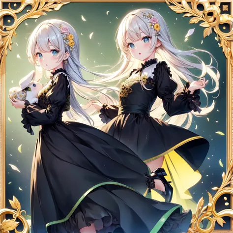 Attractive face、Chibi、（Beautiful Eyes、Detailed eyes）、Lime Yellow Background、Black clothes、Long sleeves with flared cuffs、Shoulders are exposed、One piece flare skirt、Rabbit with stuffed toy、Black and lime yellow palette、Gothic Shoes、Positive、Black Rose、🌙、Pe...