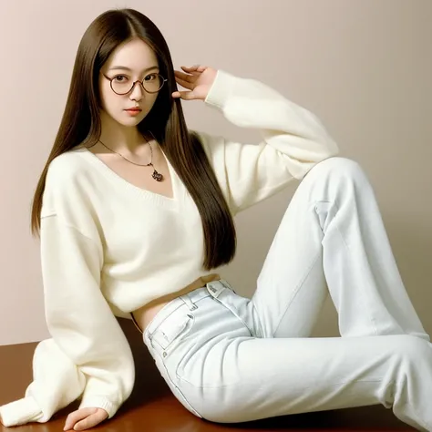 A 30-year-old tall Japanese woman, elegant brown straight hair, one hand slightly touching her hair, wearing a white sweater with long loose sleeves and a slightly loose fit, with a pair of wide jeans with a slight spread towards the legs, wearing a pair o...