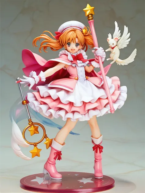 Cardcaptor Sakura,Pink Cape,White ruffled blouse,Pink dress,hat,A staff decorated with a star on the top and feathers,White folded short boots,Ruffled gloves,((White short boots))