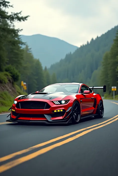 Make a picture of a TUNED racing Mustang. walking on the road. 