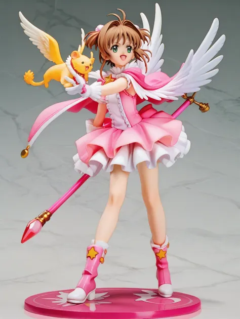 cardcaptor sakura,pink cape,white ruffled blouse,pink dress,a staff decorated with a star on the top and feathers,white folded s...