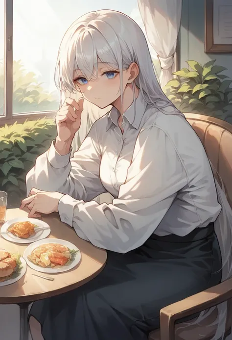 A 30 year old woman with long white hair with bangs and blue eyes,  wearing a white dress shirt and a black dress skirt,looking at her boyfriend with a serene gaze in a family restaurant.