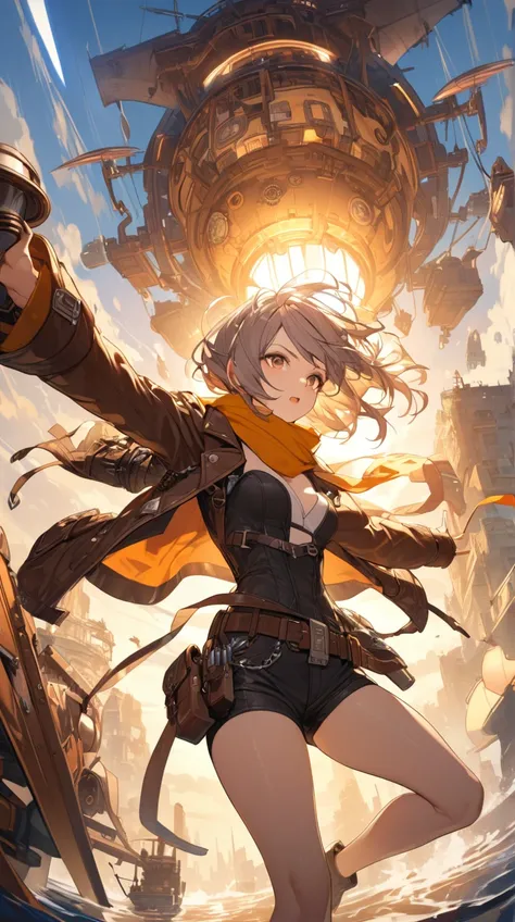 One Girl、A determined look、Short spiky hair、Pilot Scarf、 rugged leather jacket、Small breasts、Adventurous pose、Intricate tattoos、Powerful expression BREAK Bright sunlight、(Dynamic Lighting):1.4、Sharp contrast、Vibrant colors、Steampunk Gadgets、Vibrant atmosph...