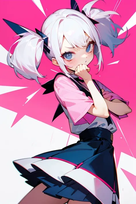 Short white hair, , Pink and navy dress、Headbang 2.、Twin tails、sharp、(Embarrassing)、