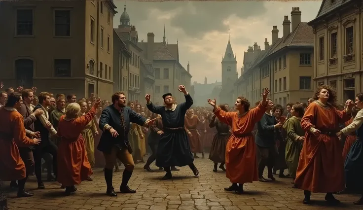 /imagine prompt: A street scene from Strasbourg in 1518 during the Dancing Plague, people dancing wildly, some with arms flailing, others on the ground from exhaustion, dark medieval buildings in the background, a sense of unease in the atmosphere, overcas...