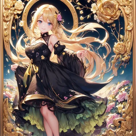 1girl,(((Handsome face、smile、The best composition、Best Quality、Masterpiece、Golden Ratio、Super detailed、High definition)))、Attractive face、Chibi、（Beautiful Eyes、Detailed eyes）、Lime Yellow Background、Black clothes、Long sleeves with flared cuffs、Shoulders are...