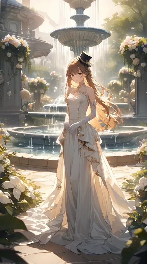 One Girl、Mysterious look、Top Hat、Long flowing hair with brass accents、Victorian style dress、Lace gloves、Small breasts、Graceful posture、Attractive eyes、Mechanical Butterfly BREAK Twilight Light、(Ethereal Light):1.3、Soft Shadows、Glowing Gears、Shiny Metal、Dre...