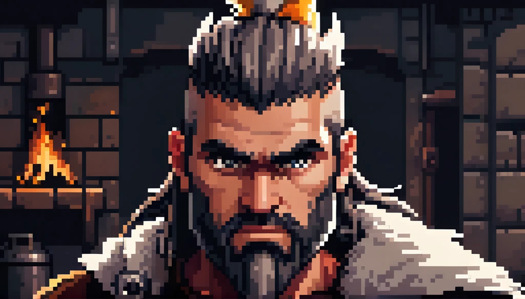 (Pixel art), dark, fantasy, rpg, game asset, a cinematic picture of the face of a blacksmith, mohawk hair, looking like an ancient viking god