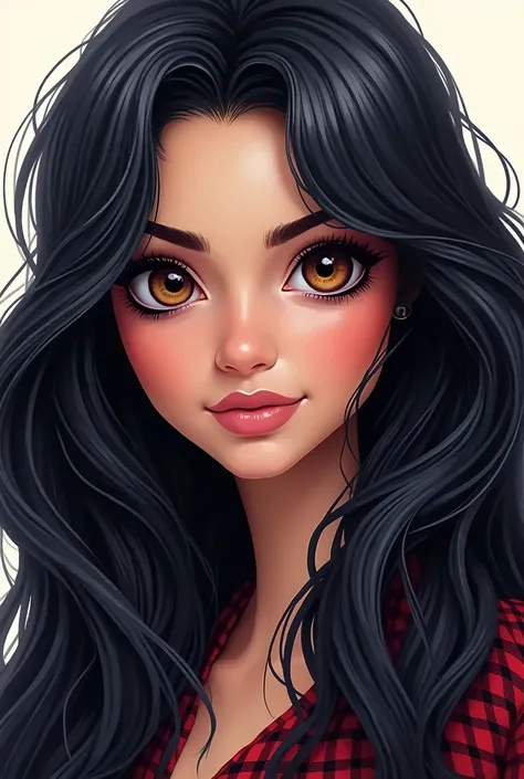 Imagine a woman with dark wavy hair, quite long falling softly over the shoulders. The hair has a subtle shine and well-defined waves, giving an air of movement and fluidity. Eyes are large and expressive, with a shine that highlights its natural beauty of...