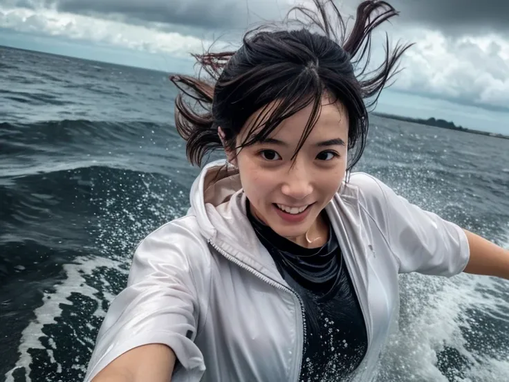 Beautiful Japanese woman running, After the Rain, Road along the sea, Wet Hair, Wet clothes, Short Hair, endured face, Realism, dutch angle, masterpiece, super detail, high details, high quality, 8k