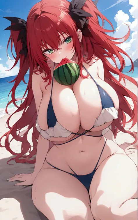 Masterpiece, Beautiful, Hot redhead Rias Gremory from High School DXD, big breasts, blue-green eyes, sitting on a beach eating watermelon