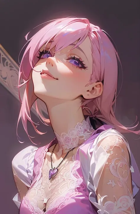 ((masterpiece:1.2)).8k.、sexy、Center of chest、Rize from Chainsaw Man、Beauty、Yandere、、Face close-up、Kiss with your eyes closed、Chest tattoo、Christian Dior Necklace、(The background is white)、(Waitress)、((Pink Hair)).((look up)).((View your audience)).((Pink l...