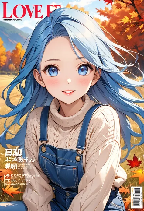 (((Magazine Cover style))), (beautiful and delicate), (a dynamic sexy pose beautiful forehead beautiful blue hair detailed long hair) (best cute girl is 15 yo), (best cute blue eyes), (best love smile), ((cute makeup face, glossy lip)), (small tits), (in a...