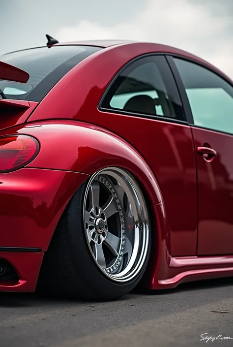 Photo of a red 2000 Volkswagen Beetle showing the rear-mounted engine and widebody kit.