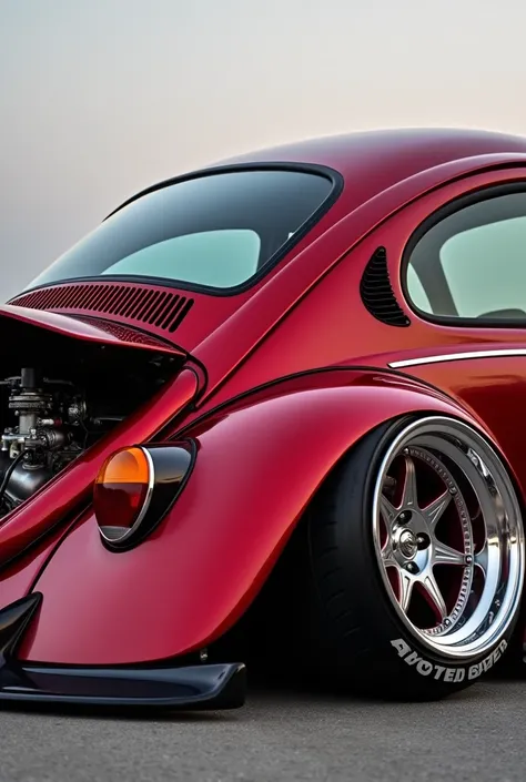 Photo of a red 2000 Volkswagen Beetle showing the rear-mounted engine and widebody kit.