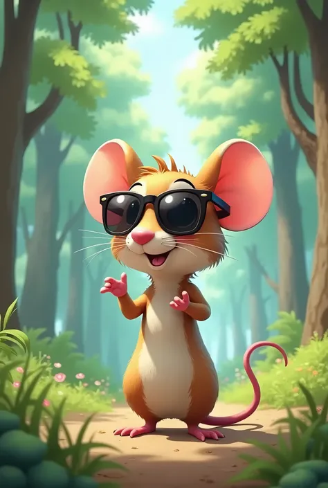 I hung the camera around my neck.、Cute Mouse、sunglasses、Anime Style、Wide-angle shot, Beautiful forest background、
