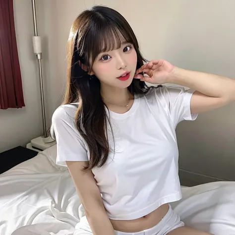 ((masterpiece, Best Quality)), A Japanese gal is sitting on the bed in her room, Her nipples are clearly visible through her tight-fitting white T-shirt,Body facing forward、Please sit with your legs apart、Accentuated bust、tits、white shorts、Look here、Stick ...