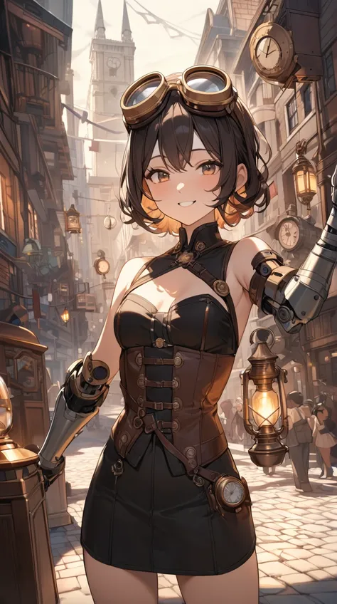 One Girl、Adventurous look、Goggles on head、髪に intricate gears、Leather corset、Mechanical Arm、Small breasts、Confident posture、A lively smile、Brass accessories BREAK Dimly lit workshop、(Warm lamp light):1.2、Dancing Shadows、Vintage Machines、Rising steam、Intrica...