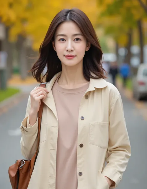 a young east-asian woman,fashion photography,She is wearing a light beige jacket over a soft, slightly patterned shirt, with a casual and comfortable style. The outfit gives a relaxed, outdoorsy vibe, perfect for an autumn stroll. She also carries a simple...