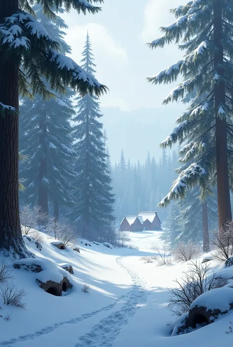 winter forest, Tall trees. Wild animals. A village visible in the distance. 