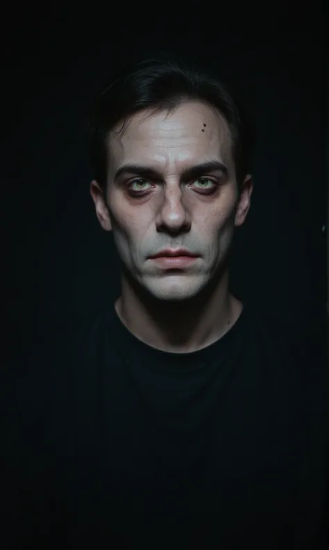 A scary, rotten-faced male zombie staring out from the dark, dramatic lighting with a spotlight on a black background, highly detailed, photo-realistic, sharp, Halloween