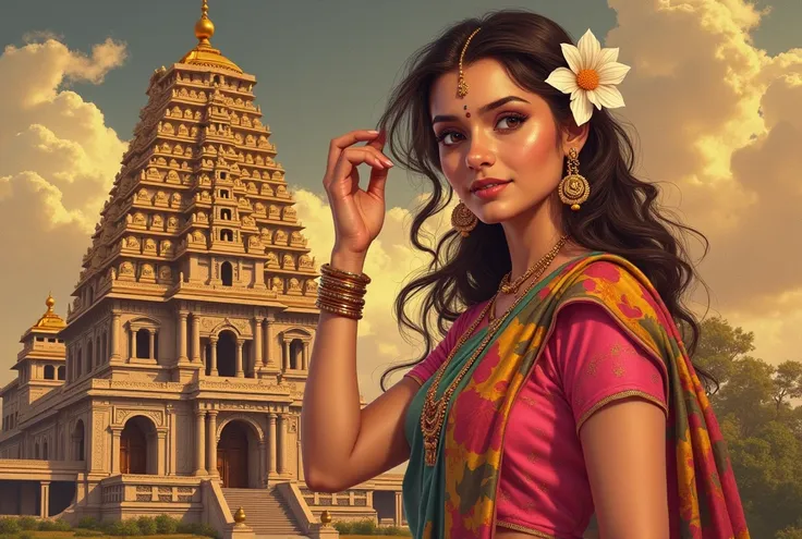 South Indian ancient grand colorful temple Beautiful colorful temple An Indian woman wearing a beautiful sari wearing a multi-colored sari and putting a jasmine flower on her head. Beautiful beautiful eyes. Big breast 