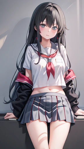 yukino yukinoshita, Long Hair,  Medium Breast, Clevis, belly button, Thin legs, Black Hair, blue eyes,  Short skirt, School Uniform, Thigh-length socks,Large Breasts、